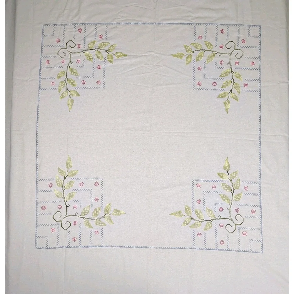 Vintage Embroidered Tablecloth Large 59x59 Floral Garden MCM 50s Cross Stitch